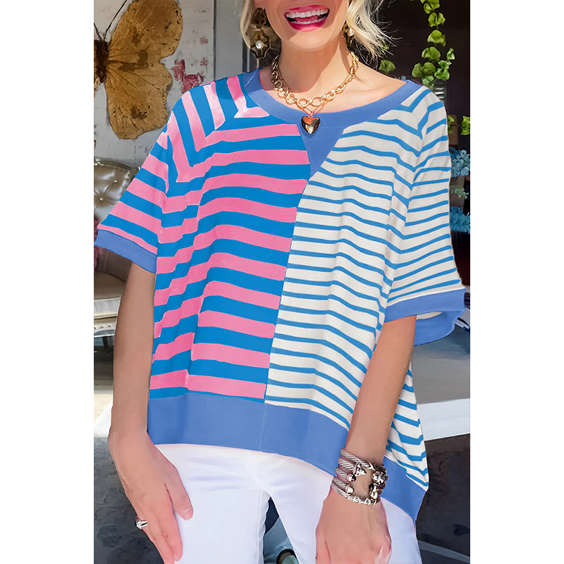 our factory produces striped t shirts women love for comfort and trendy colorblock design.